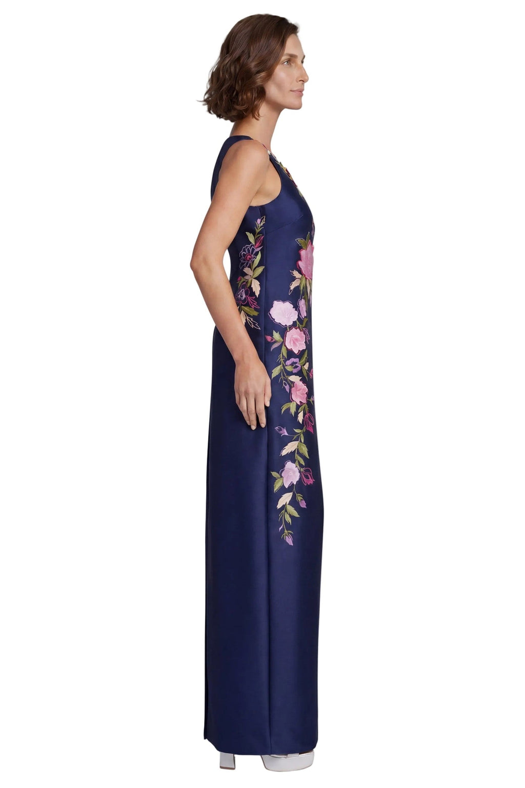 Sleeveless Embroidered Floral Column Gown