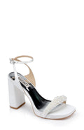 Calida Satin Block Heels with Pearled Vamp
