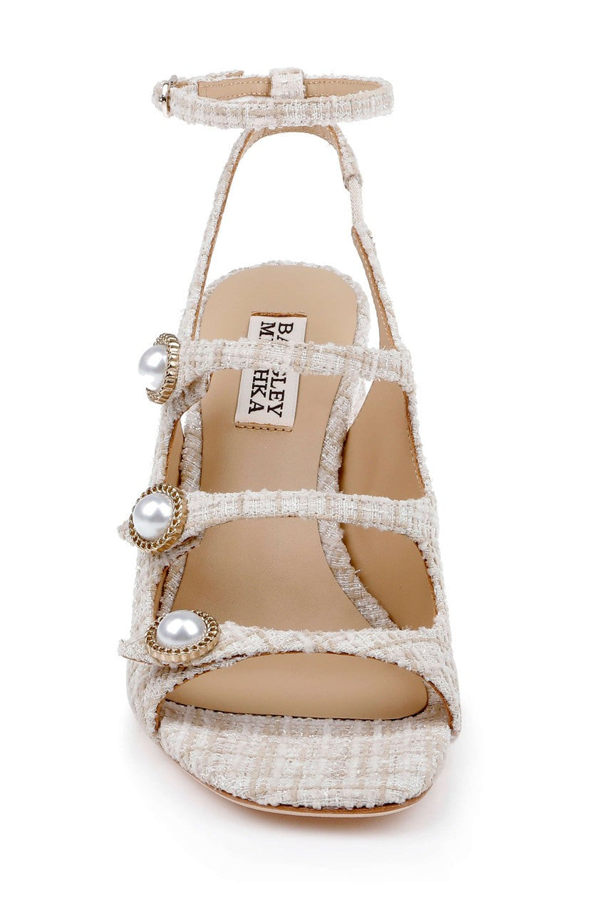 Vella Tweed Pearl Embellished Block Heel Sandals