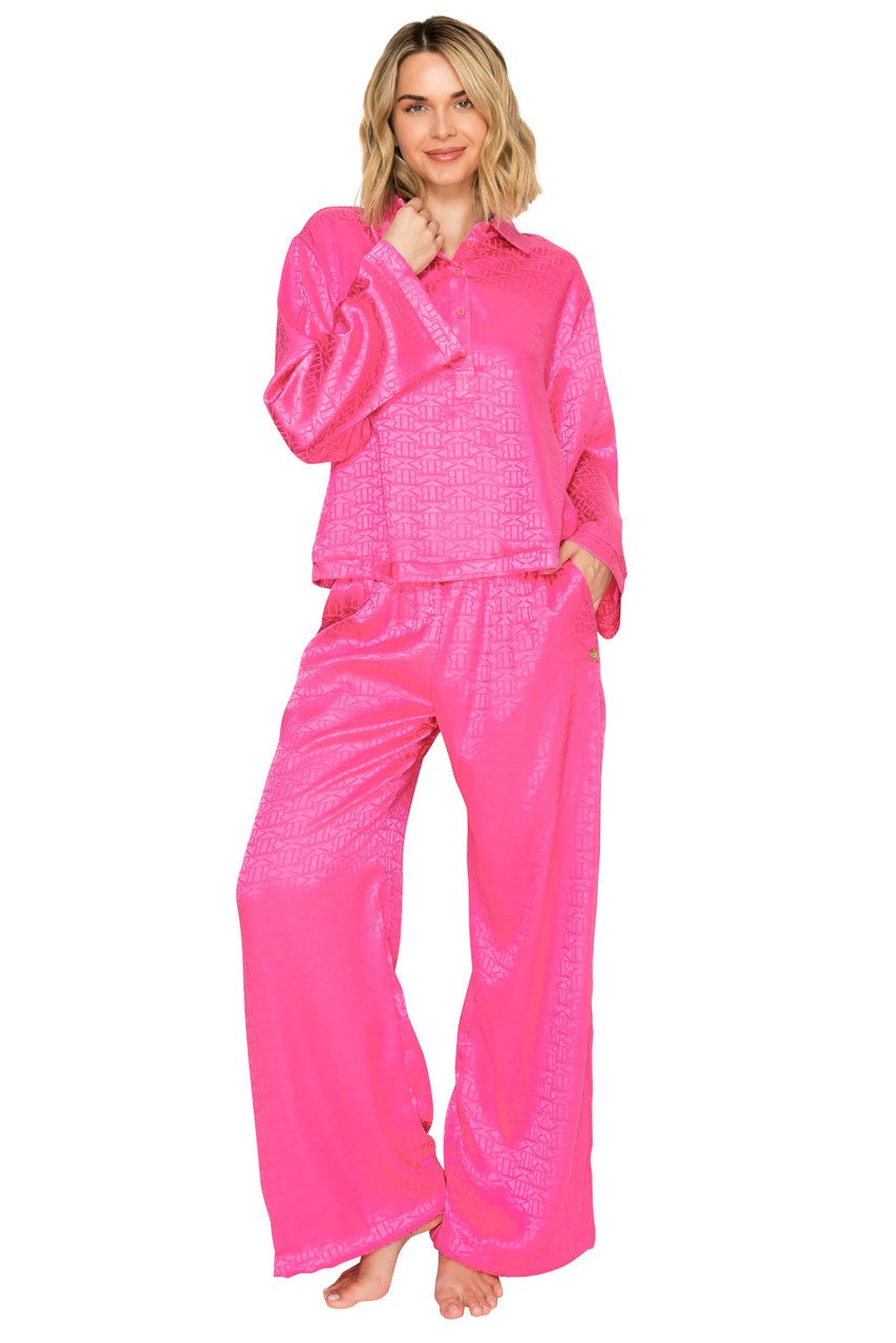 Luxe Monogram Satin Long Sleeve Wide Leg Pajama Set
