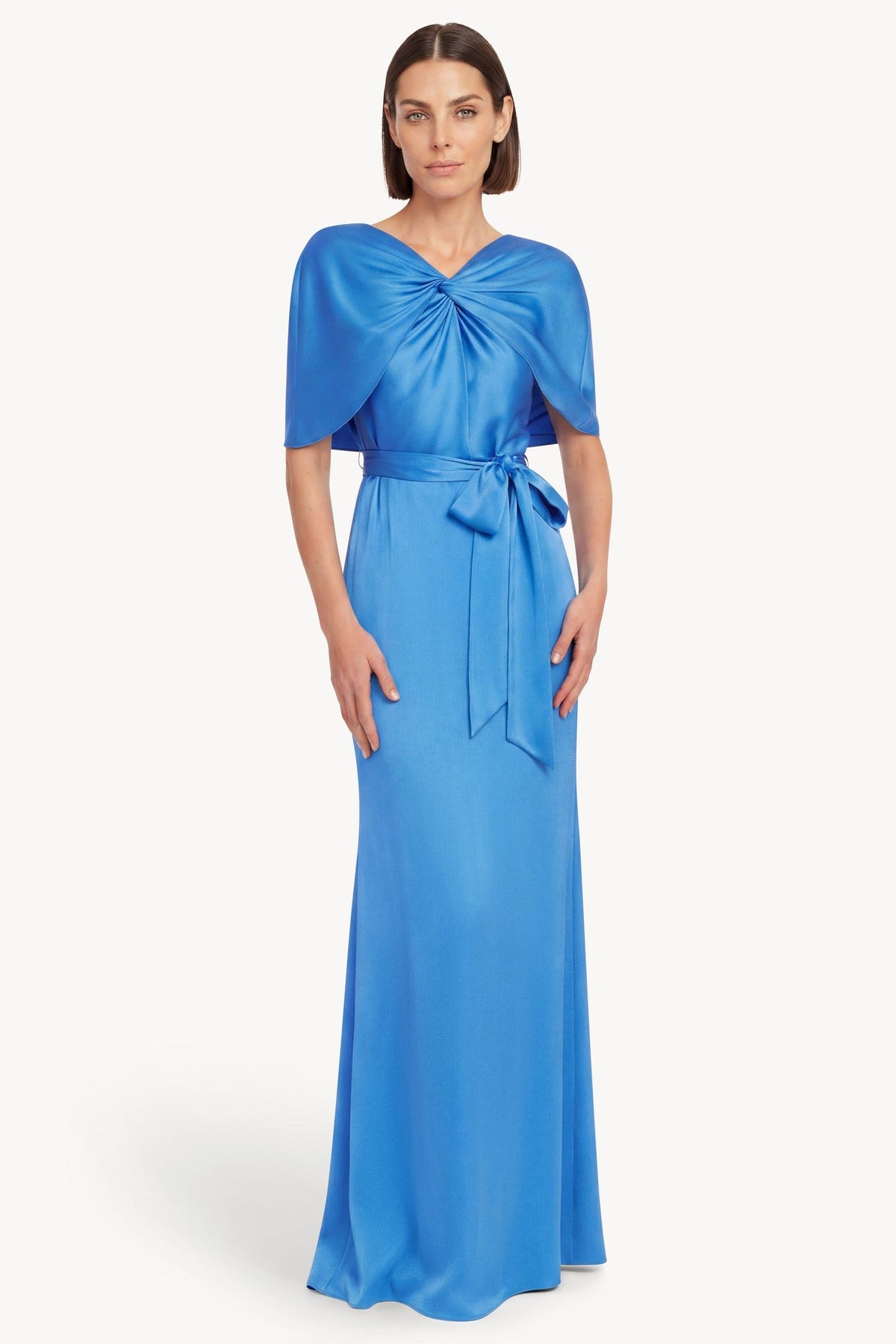 Cape Sleeve Column Gown with Sash