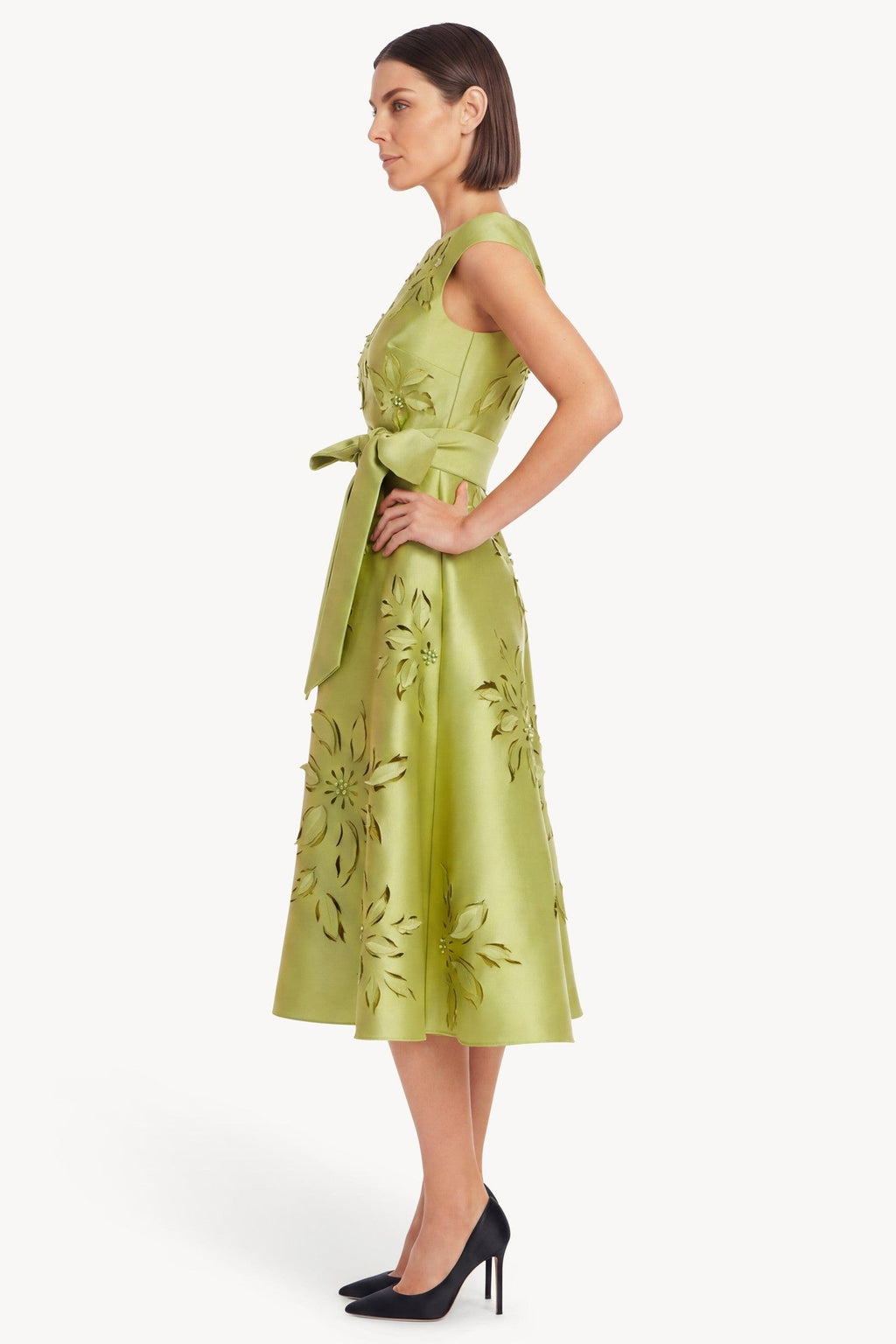Laser-Cut Floral Cap Sleeve Midi Dress