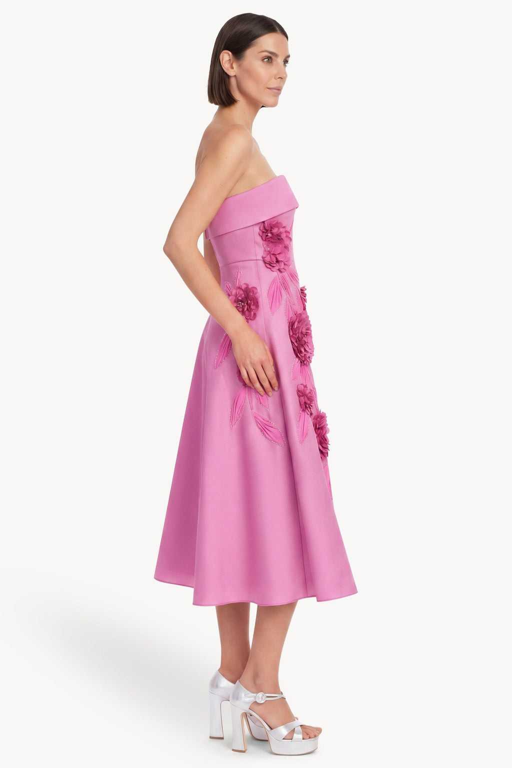 Strapless Floral Applique Midi Dress