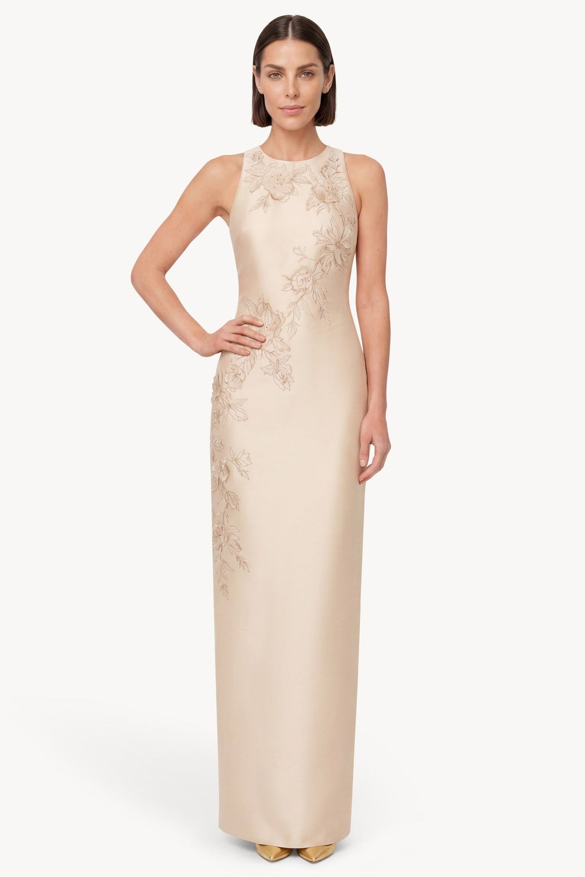 Beaded Applique Sleeveless Column Gown