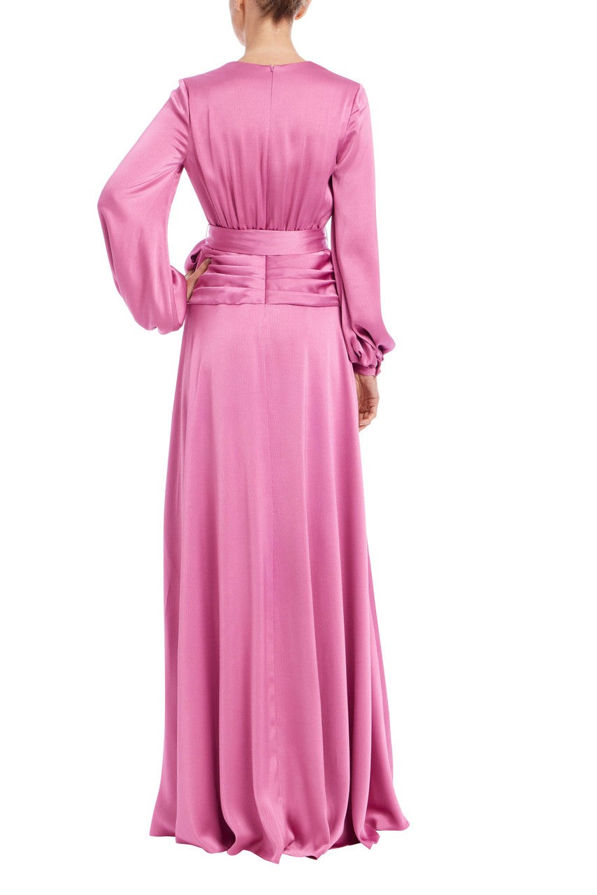 Satin Faux-Wrap Long Sleeve Gown
