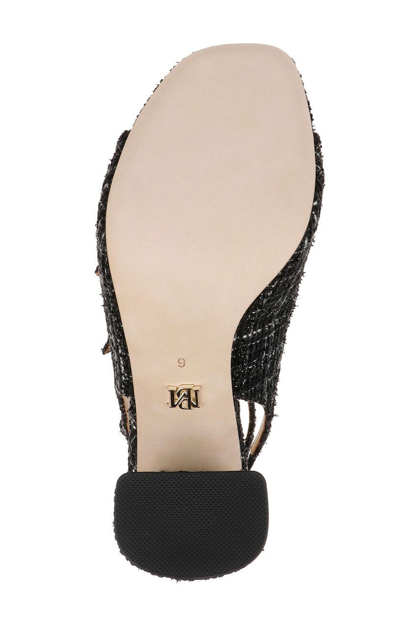Vella Tweed Pearl Embellished Block Heel Sandals