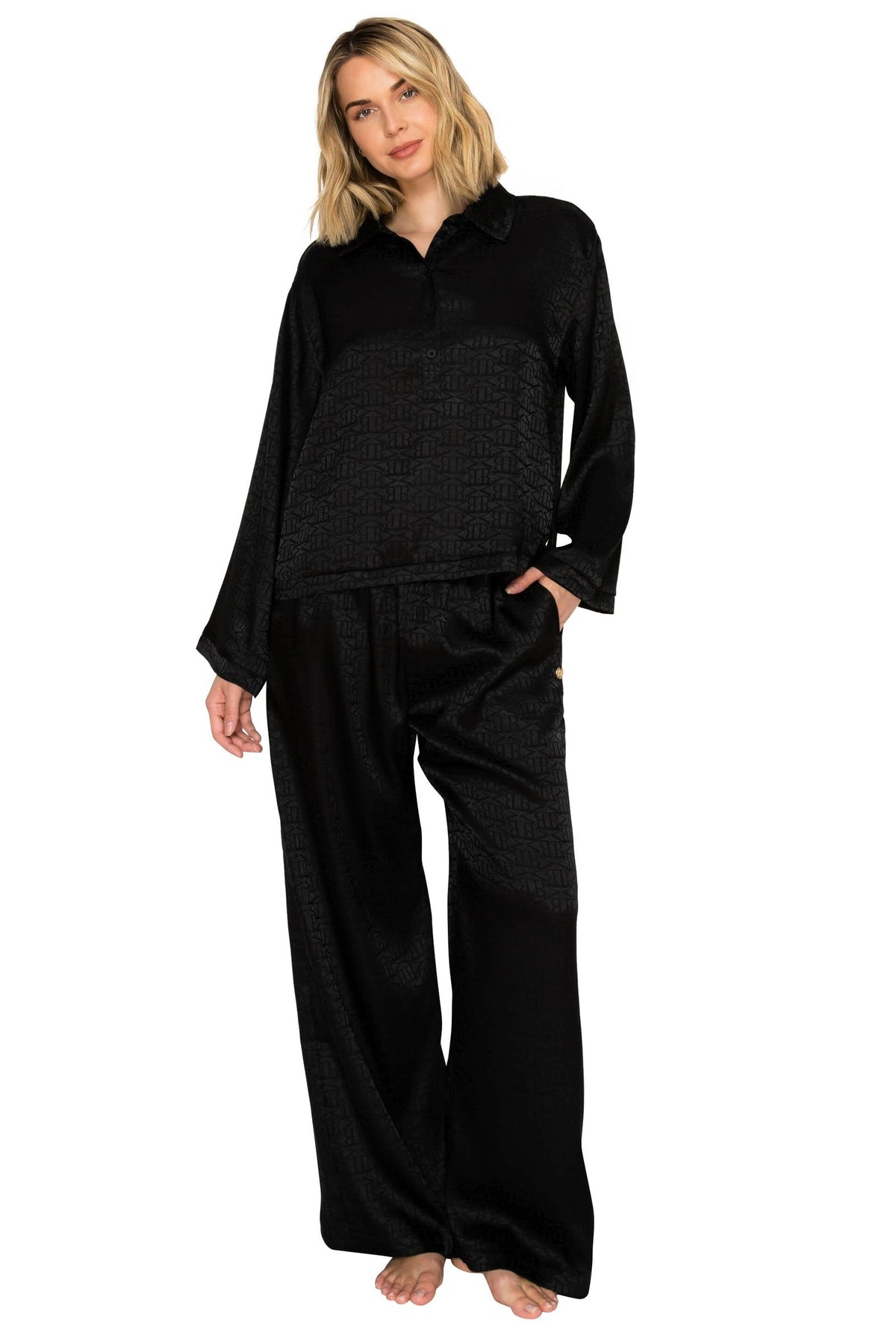 Luxe Monogram Satin Long Sleeve Wide Leg Pajama Set