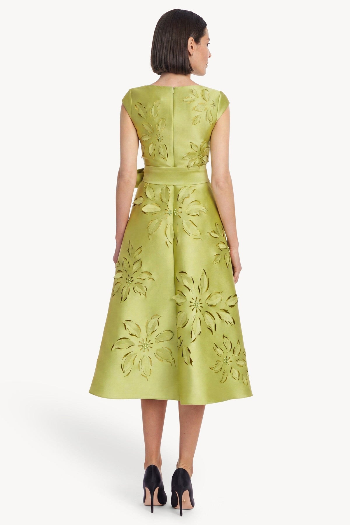 Laser-Cut Floral Cap Sleeve Midi Dress