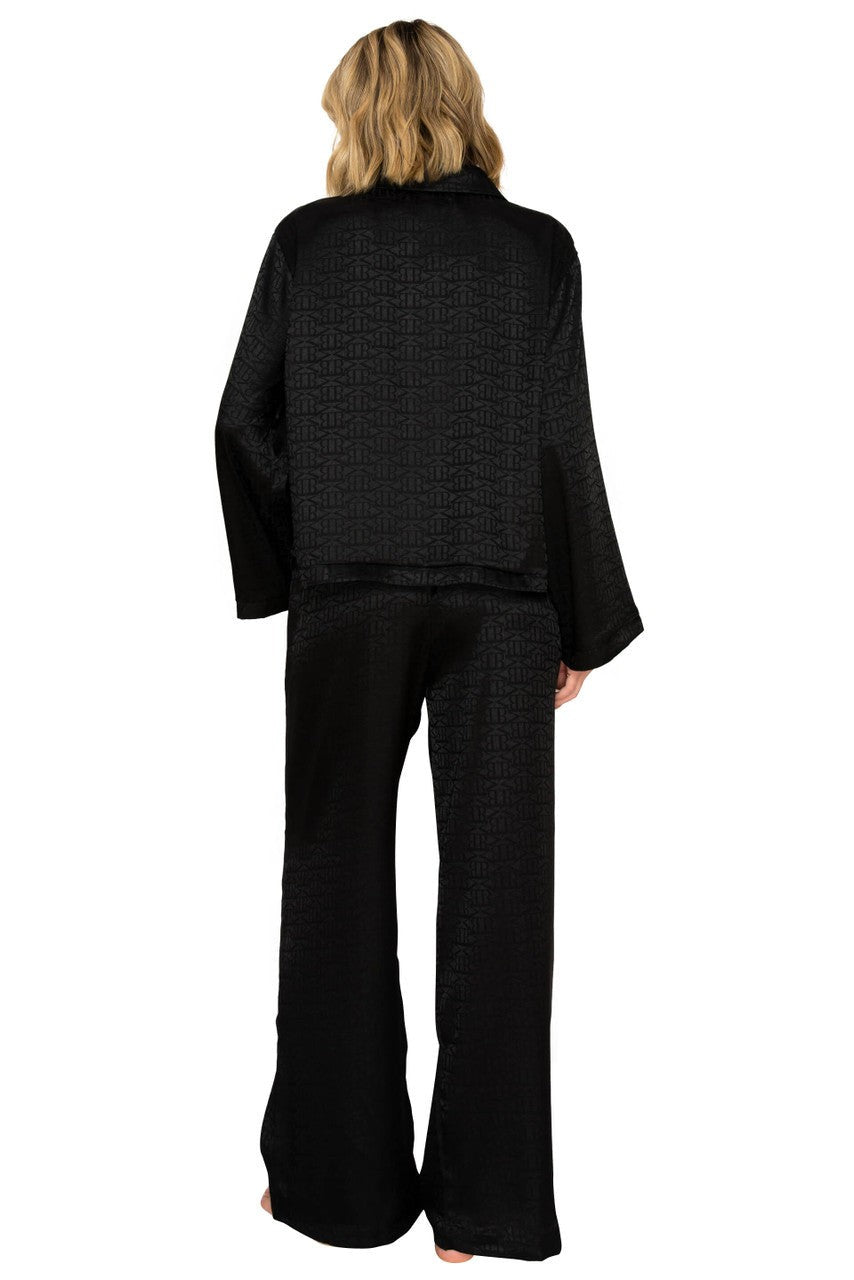 Luxe Monogram Satin Long Sleeve Wide Leg Pajama Set