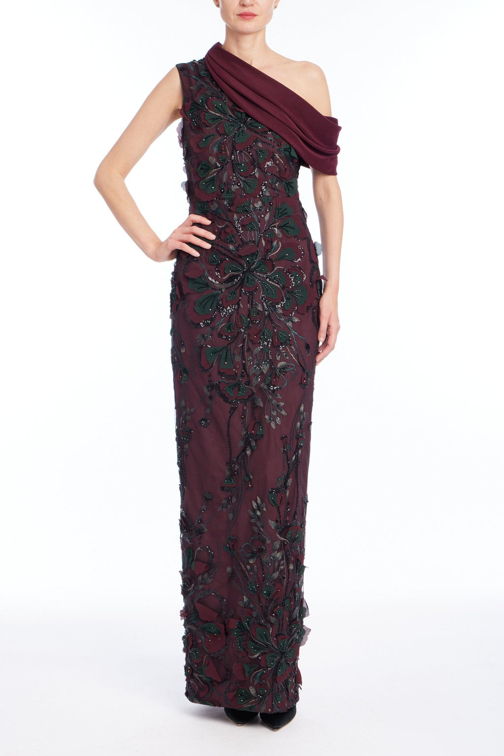 Embroidered Drape Gown