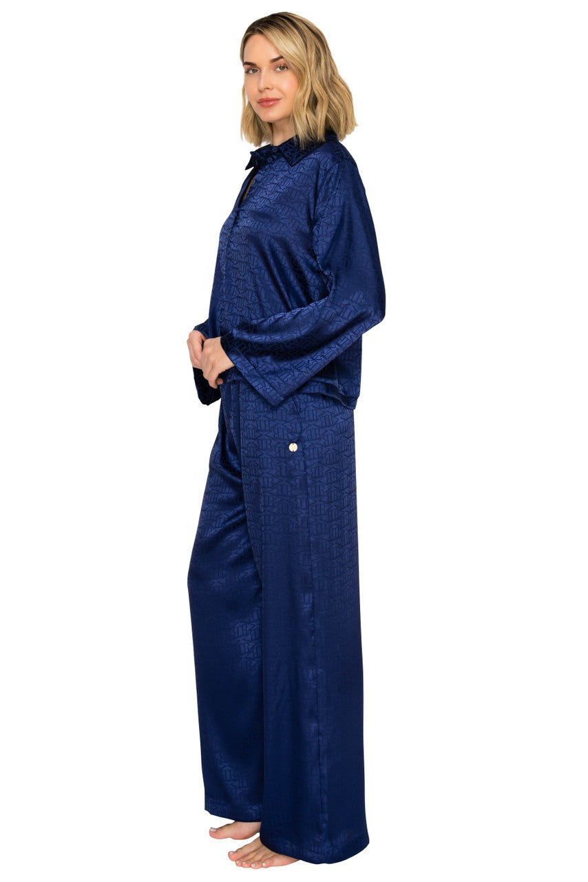 Luxe Monogram Satin Long Sleeve Wide Leg Pajama Set