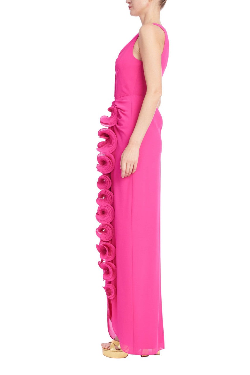 Sleeveless V-Neck Gown with 3D Rosette Ruffle
