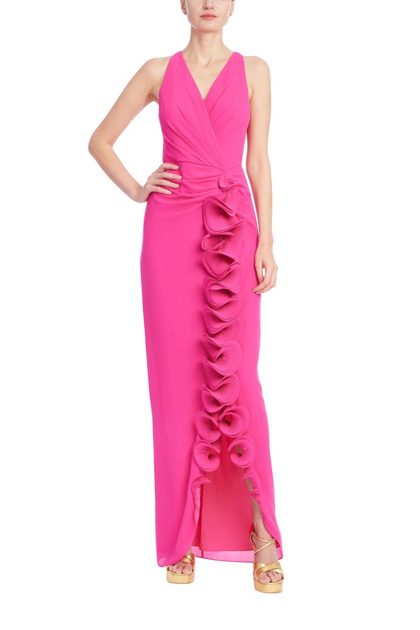 Sleeveless V-Neck Gown with 3D Rosette Ruffle