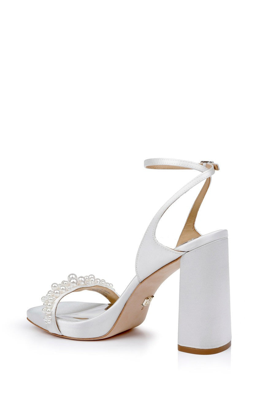 Calida Satin Block Heels with Pearled Vamp