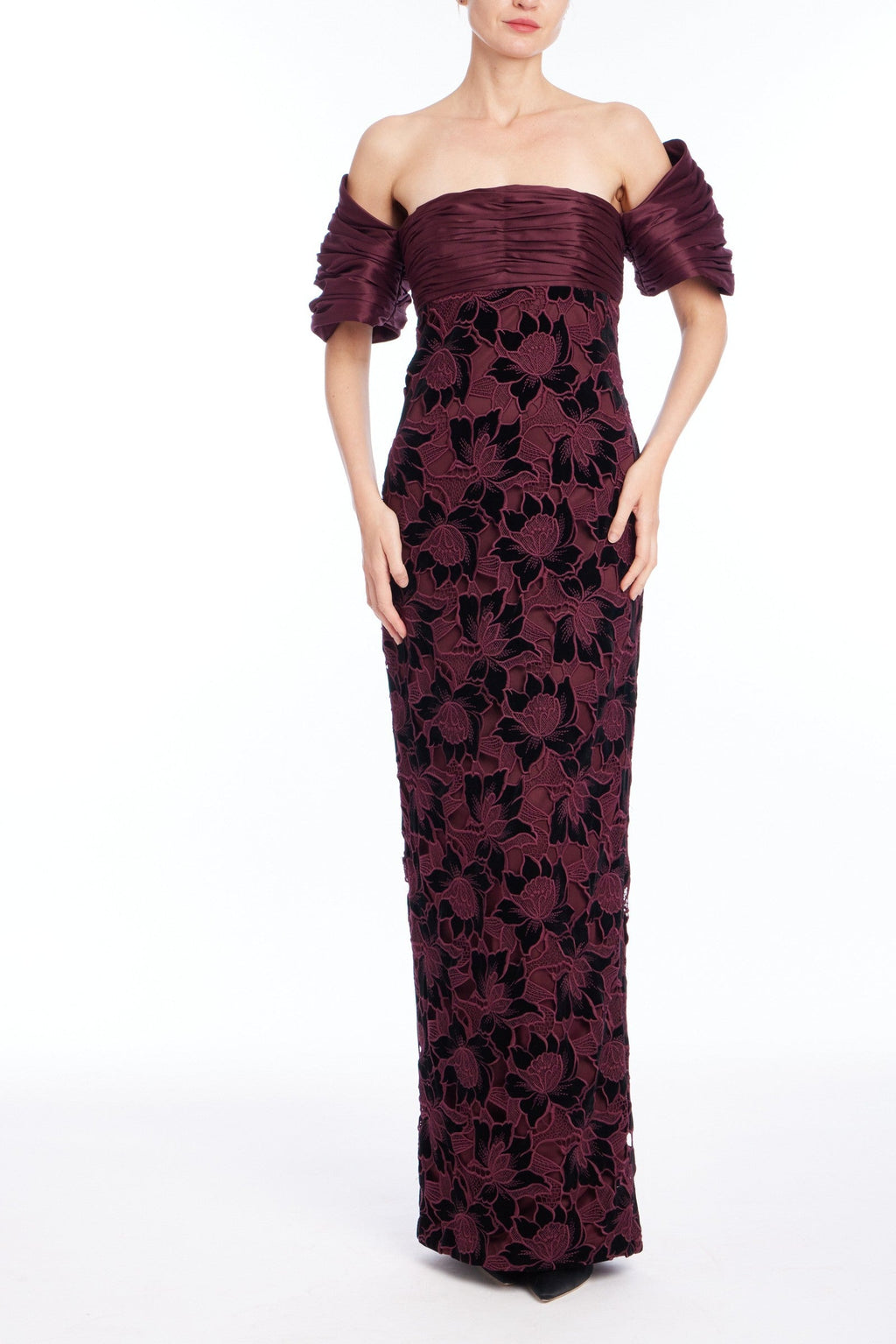 Floral Guipure Off-the-Shoulder Gown