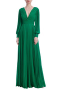 V-Neck Long Sleeve Pleated Gown
