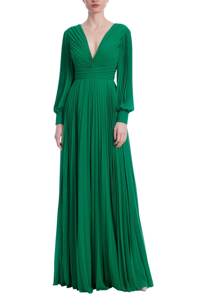 V-Neck Long Sleeve Pleated Gown