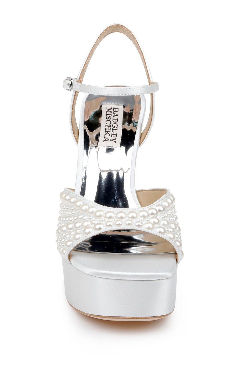 Bryleigh Satin Platform Block Heels with Bejeweled Vamp