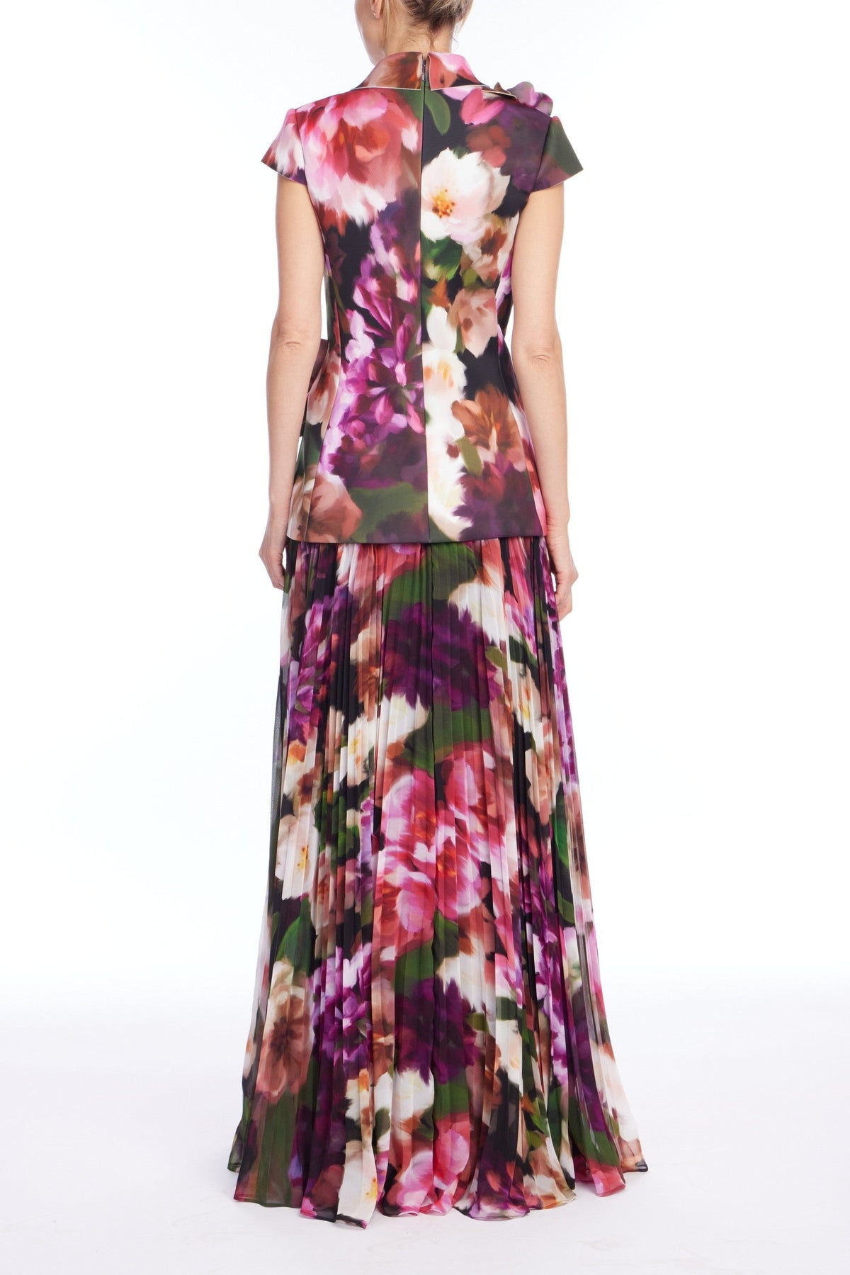 Pleated Floral Cap-Sleeve Gown