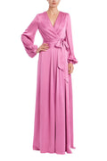 Satin Faux-Wrap Long Sleeve Gown