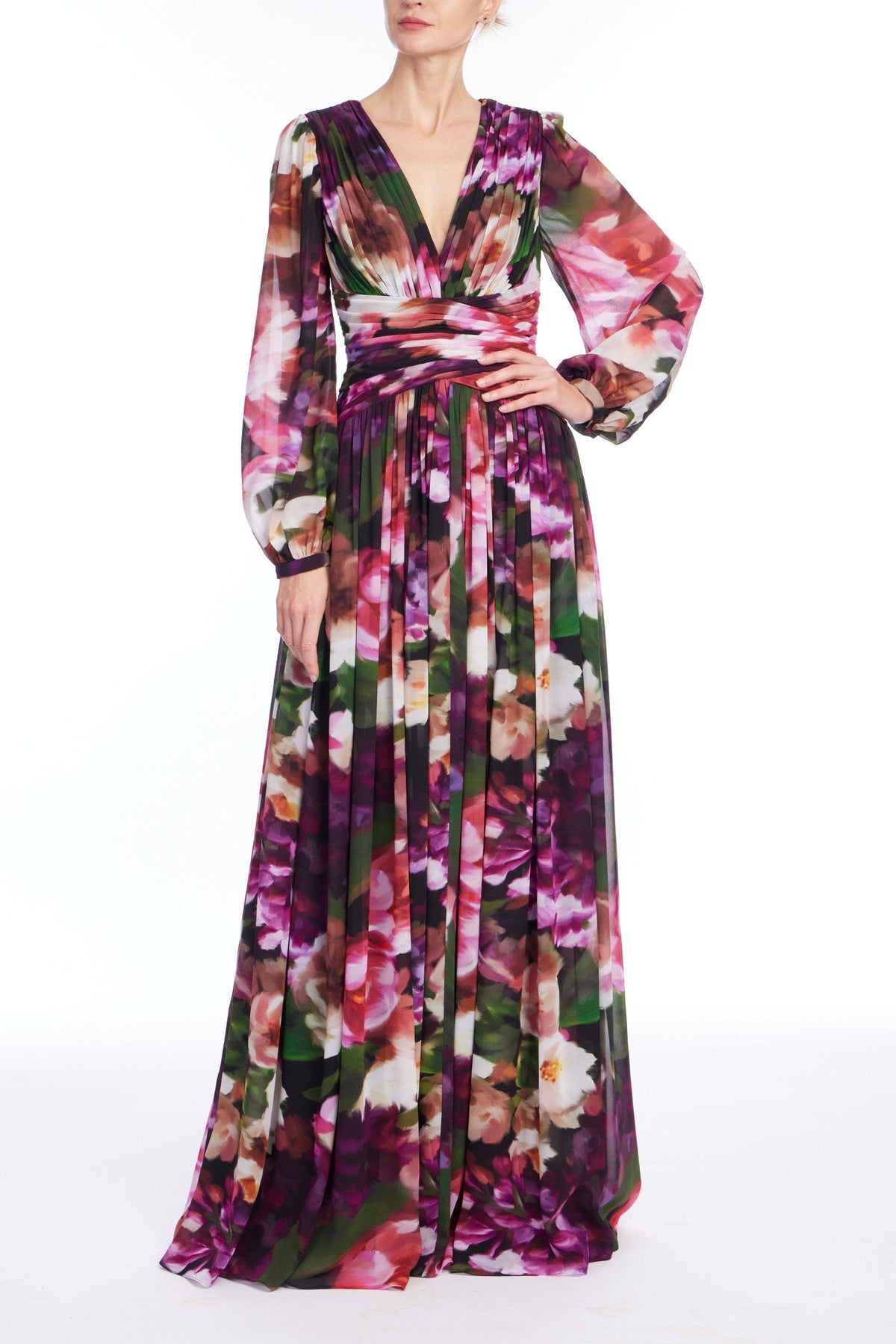 Floral Pleated Georgette A-Line Gown