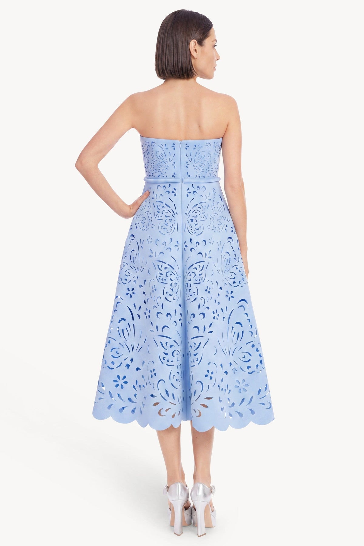 Strapless Laser-Cut Midi A-Line Dress
