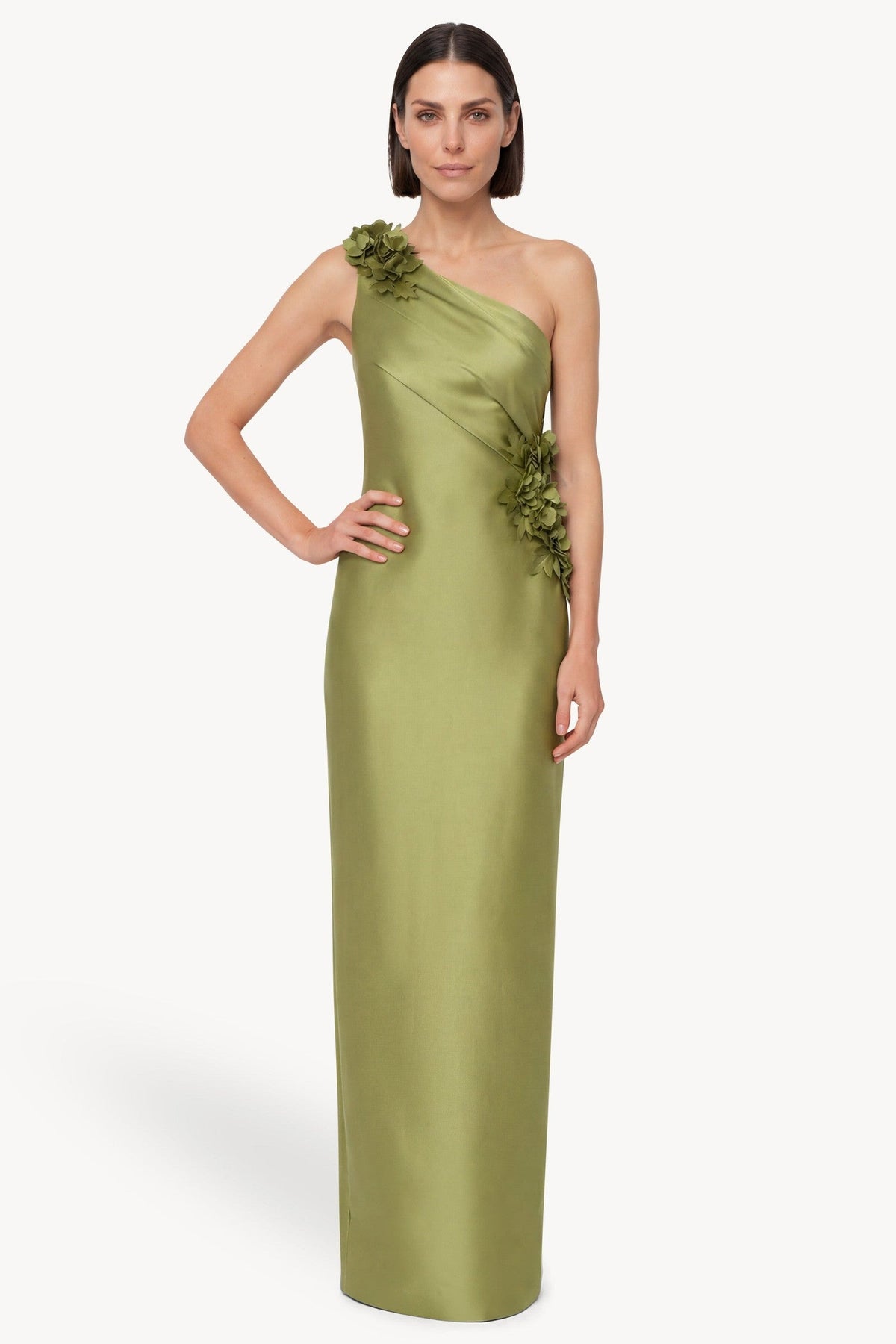 One-Shoulder Floral Applique Column Gown