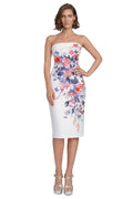 Strapless Floral Placement Midi Sheath Dress