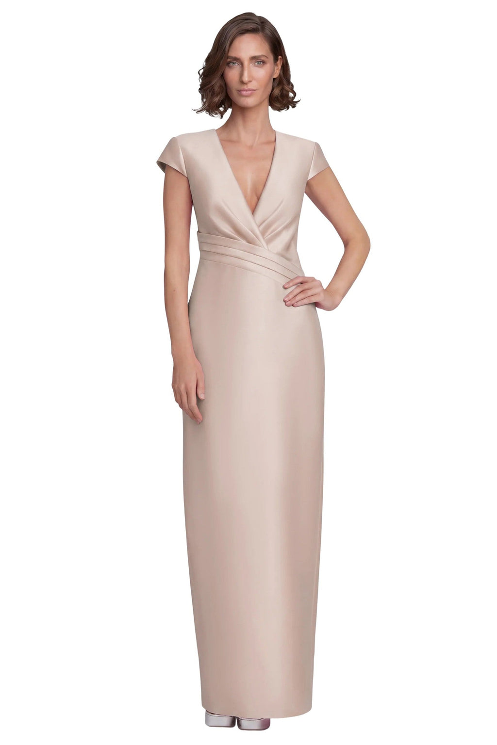 Cap Sleeve V-Neck Column Gown