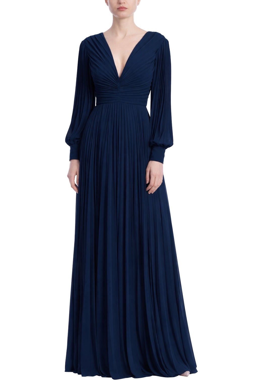 V-Neck Long Sleeve Pleated Gown