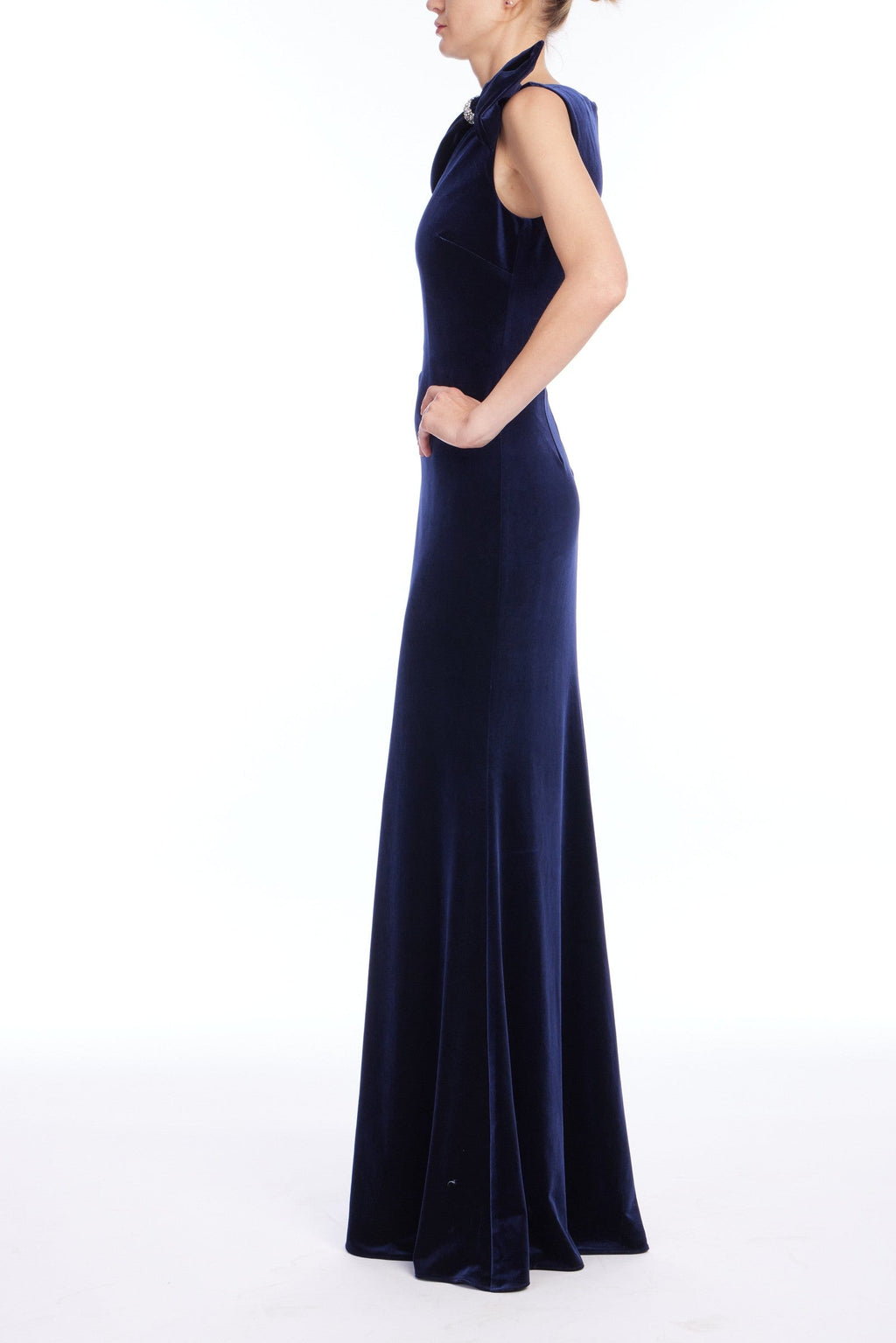 Draped Stretch Velvet Column Gown