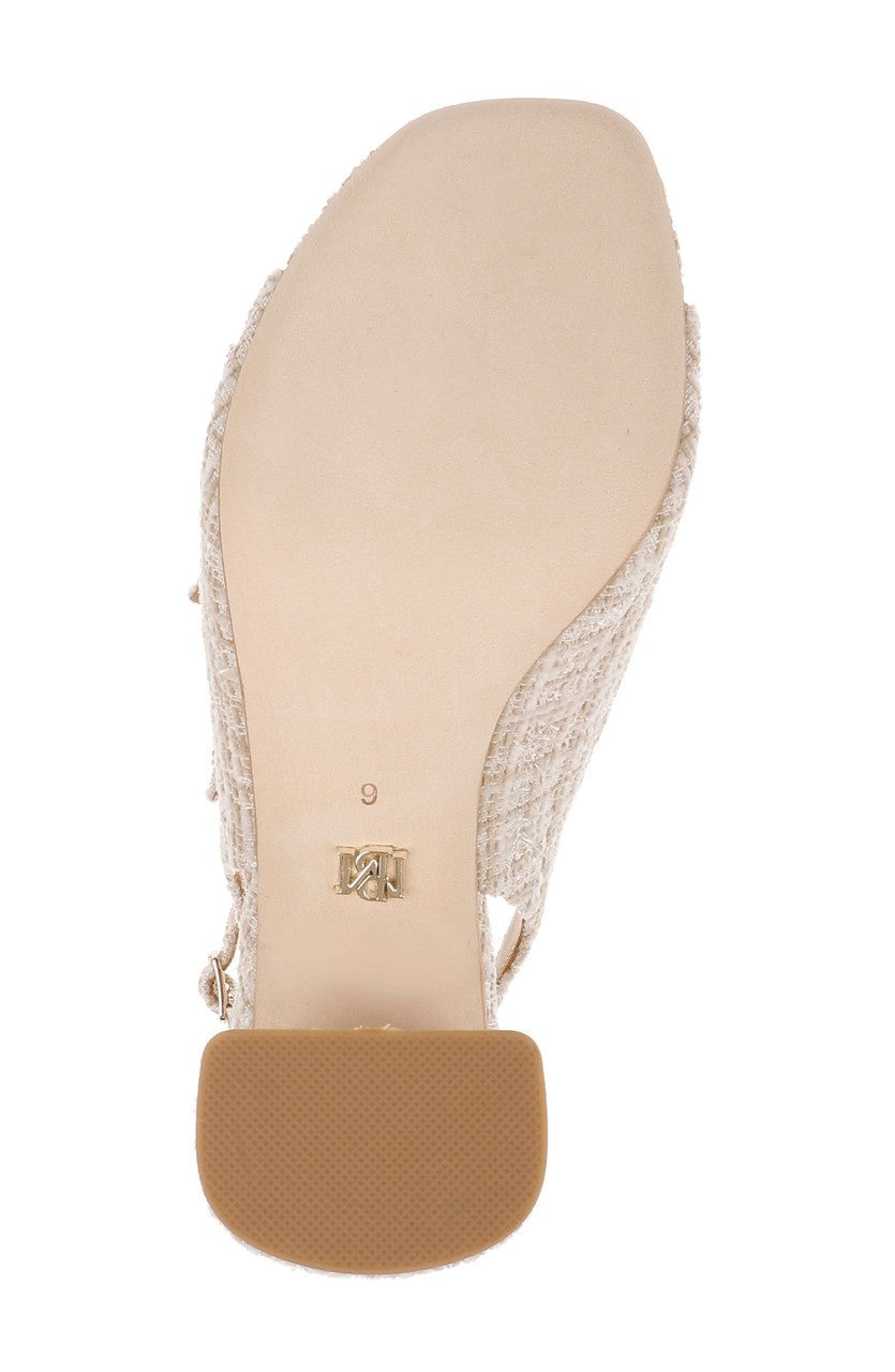 Vella Tweed Pearl Embellished Block Heel Sandals