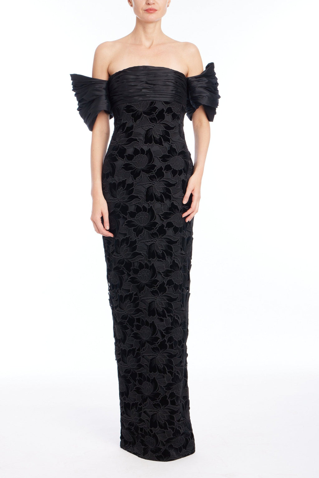 Floral Guipure Off-the-Shoulder Gown