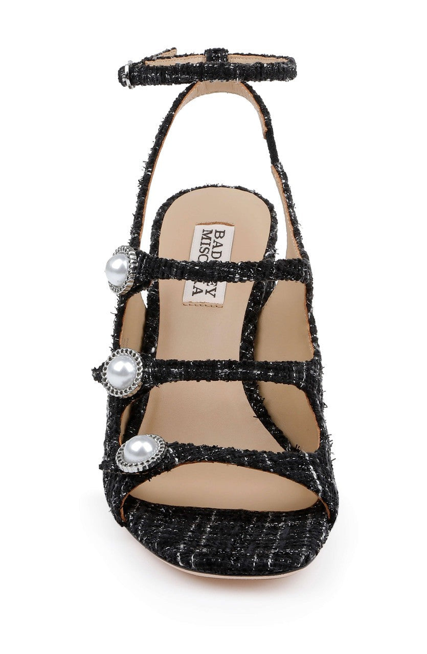 Vella Tweed Pearl Embellished Block Heel Sandals