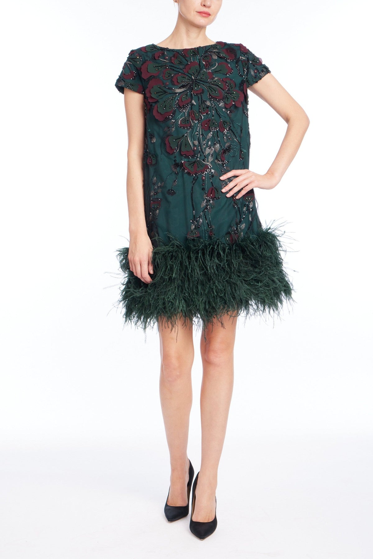 Beaded Feather Hem Short Dress