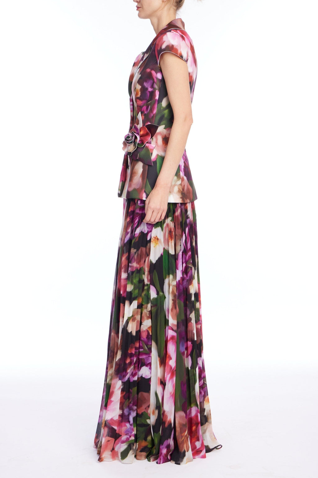 Pleated Floral Cap-Sleeve Gown