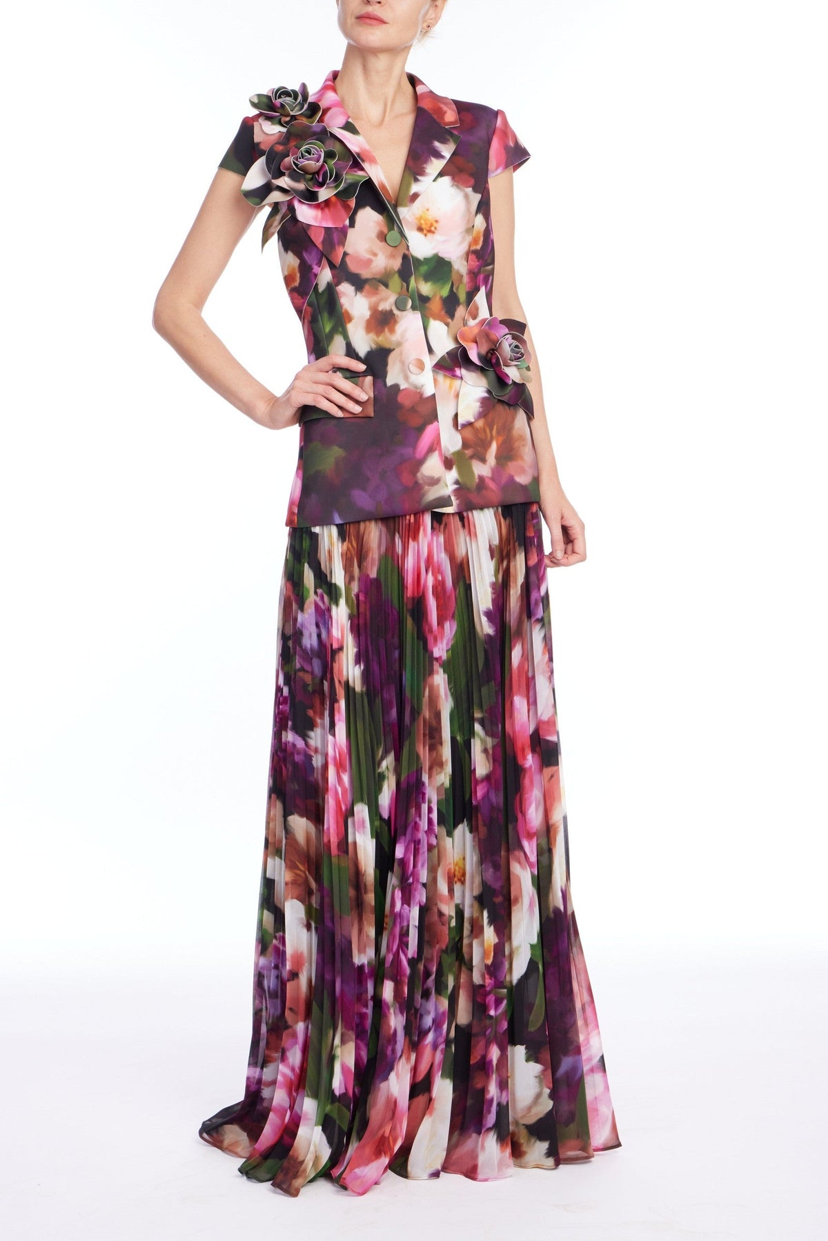 Pleated Floral Cap-Sleeve Gown