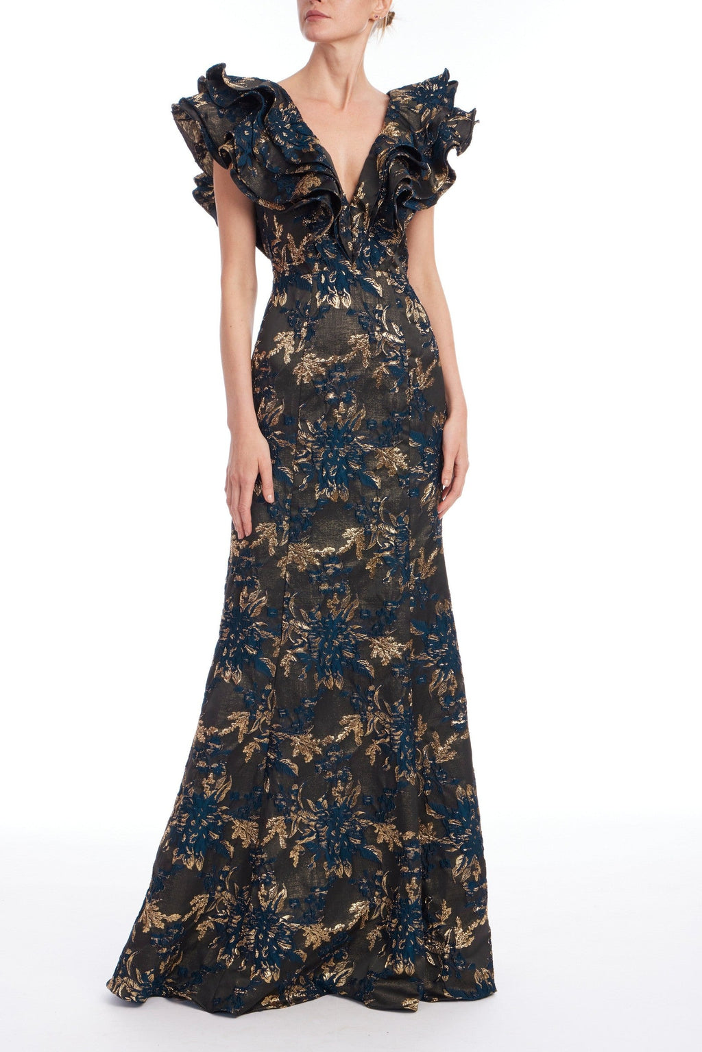 Ruffle Metallic Jacquard Mermaid Gown