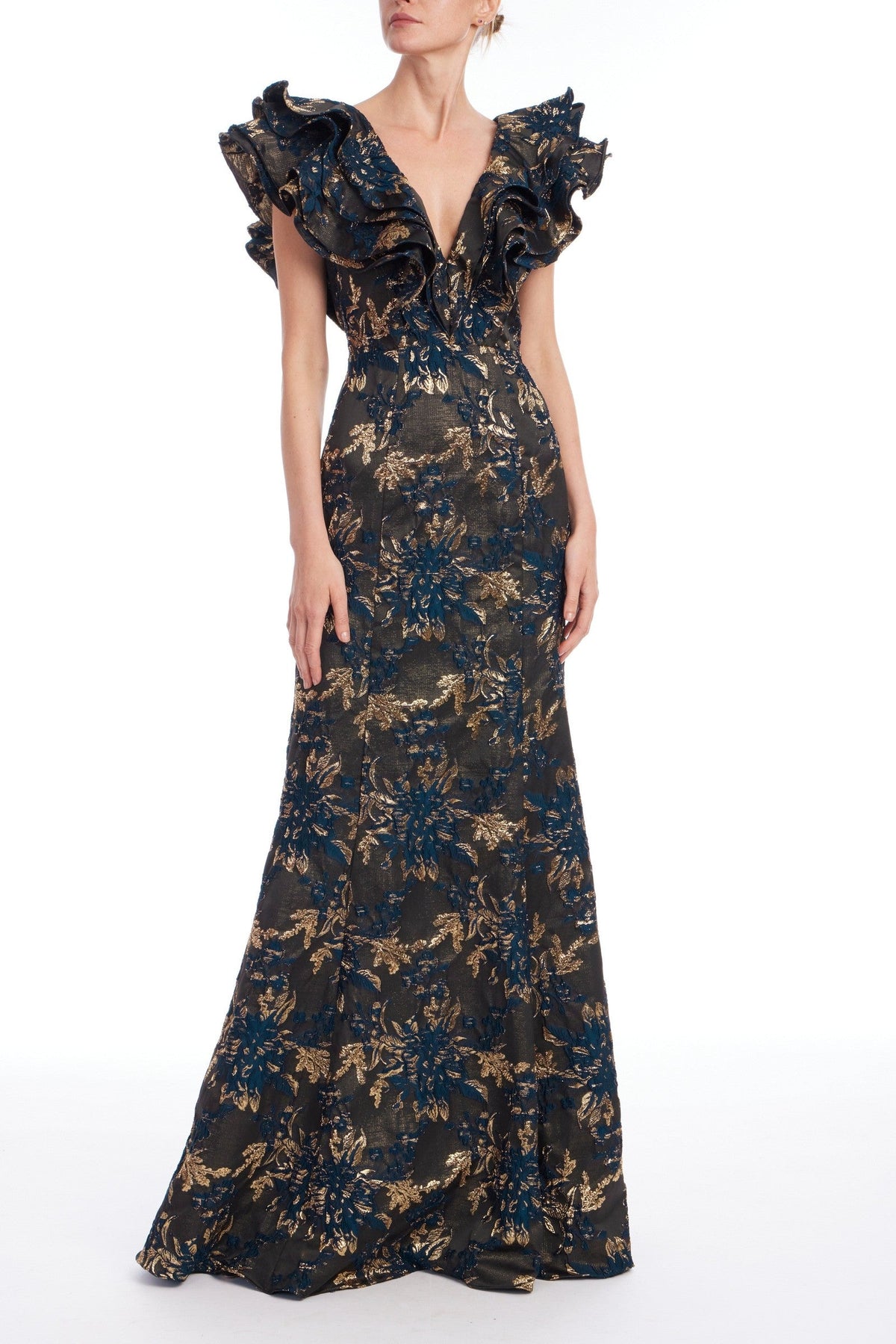 Ruffle Metallic Jacquard Mermaid Gown