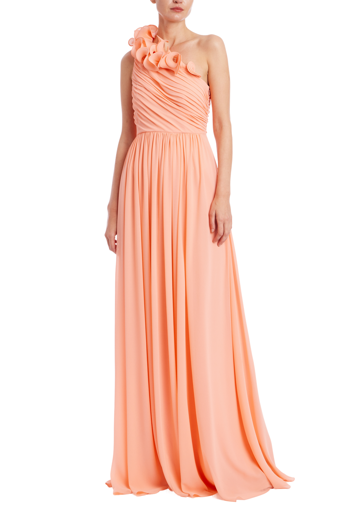 Ruffle One-Shoulder Pleated Evening Gown