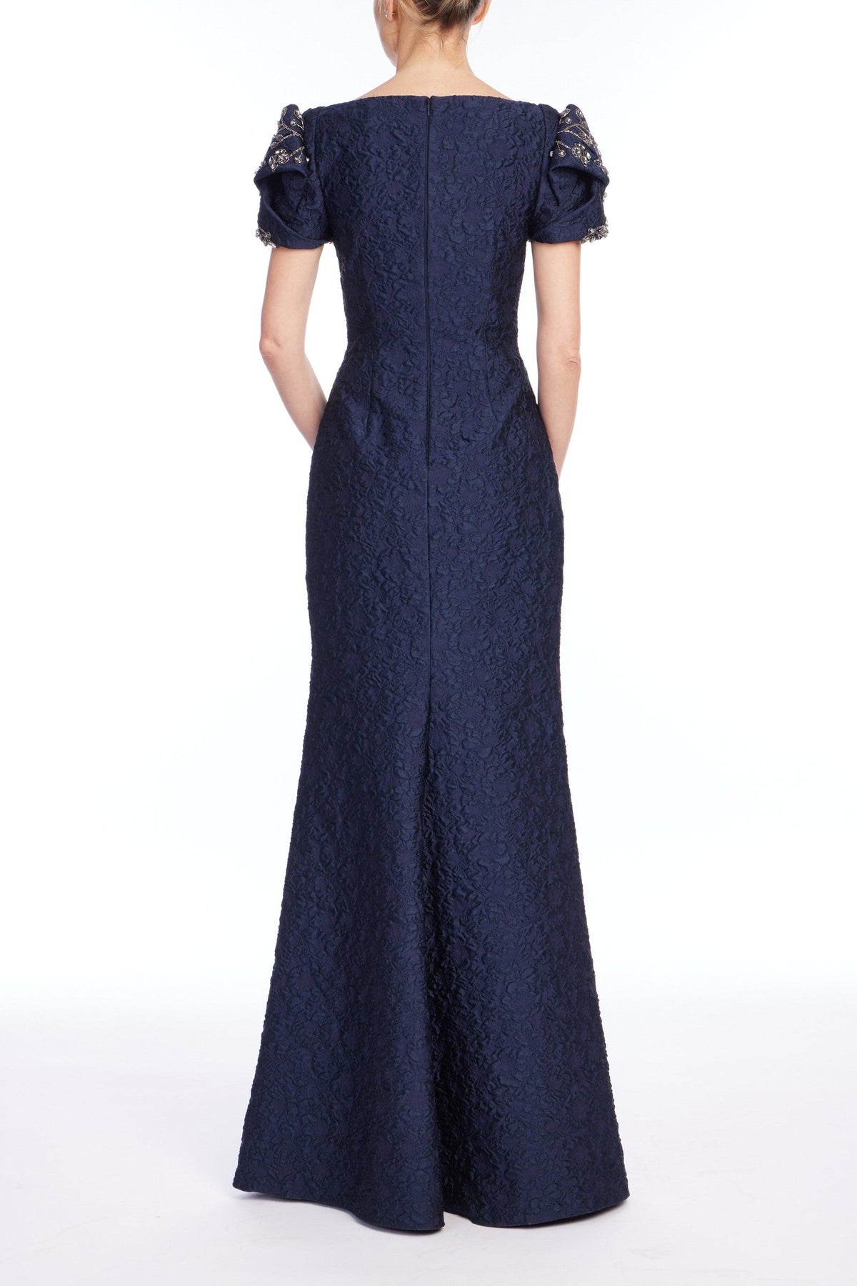 Knot-Sleeve Jacquard Mermaid Gown